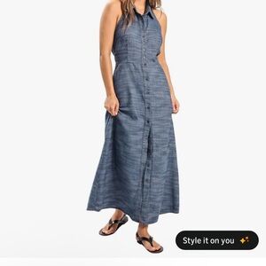 Amazhiyu Women's Linen Button Down Elastic A-Line Maxi Dress Backless